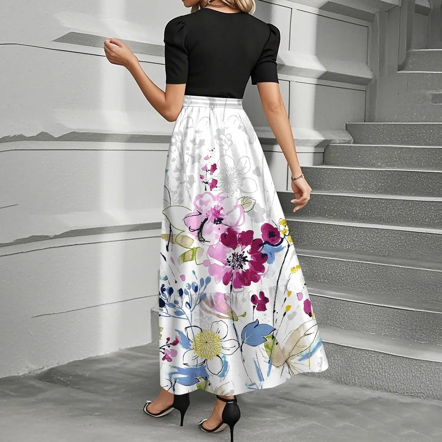 Modest Dresses for Women 2025 Summer Puff Short Sleeve Floral Church Dress Retro Boho Wedding Guest Dress with Belt