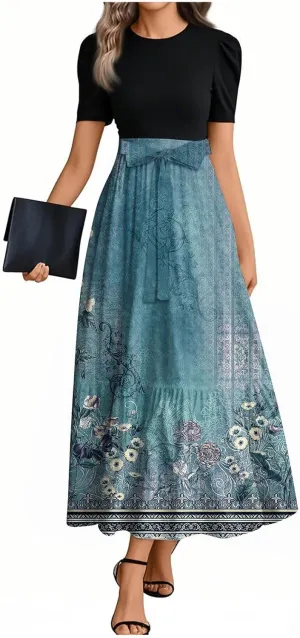 Modest Dresses for Women 2025 Summer Puff Short Sleeve Floral Church Dress Retro Boho Wedding Guest Dress with Belt