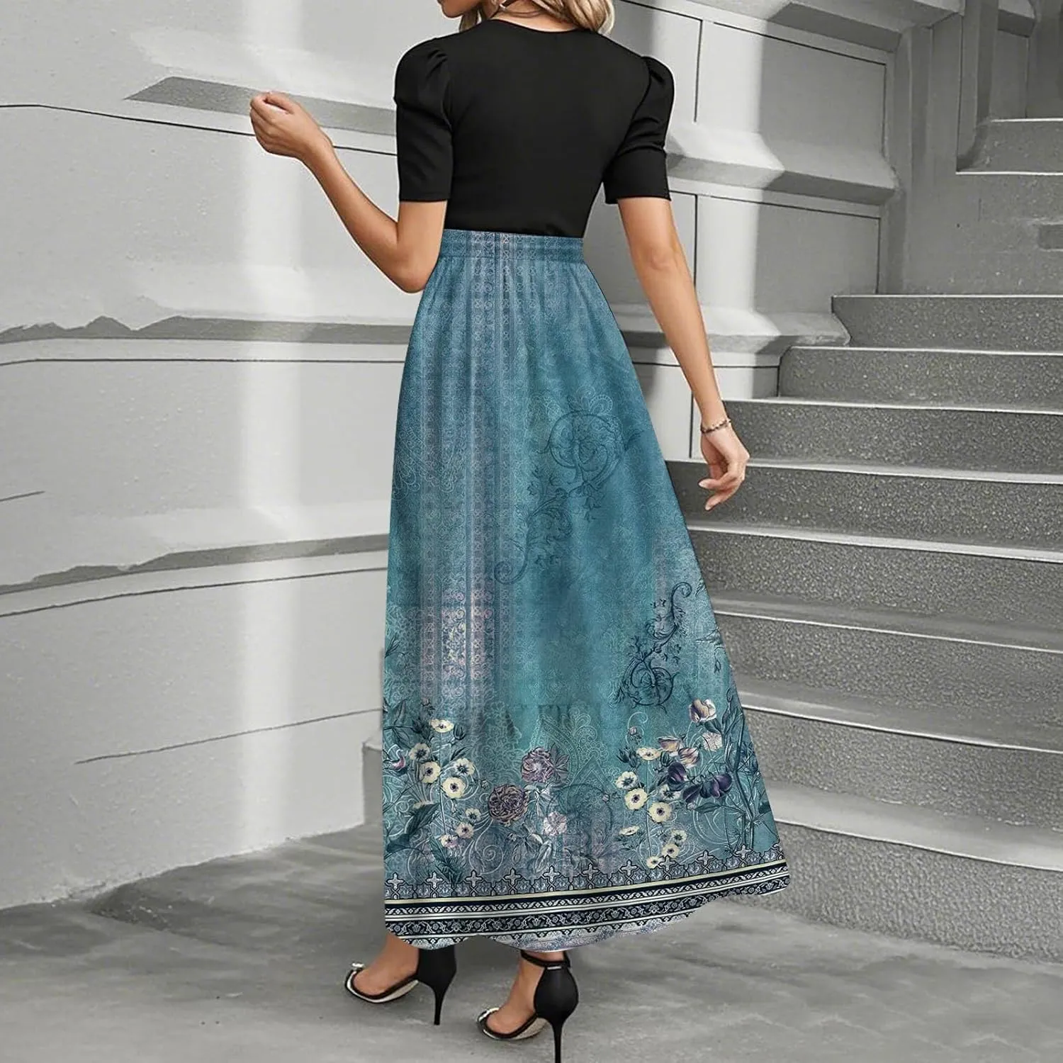 Modest Dresses for Women 2025 Summer Puff Short Sleeve Floral Church Dress Retro Boho Wedding Guest Dress with Belt