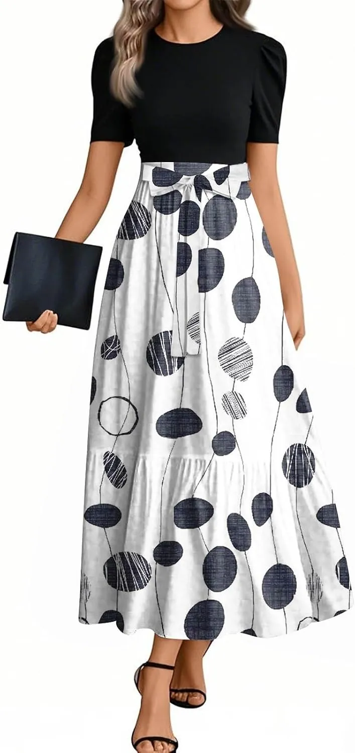Modest Dresses for Women 2025 Summer Puff Short Sleeve Floral Church Dress Retro Boho Wedding Guest Dress with Belt