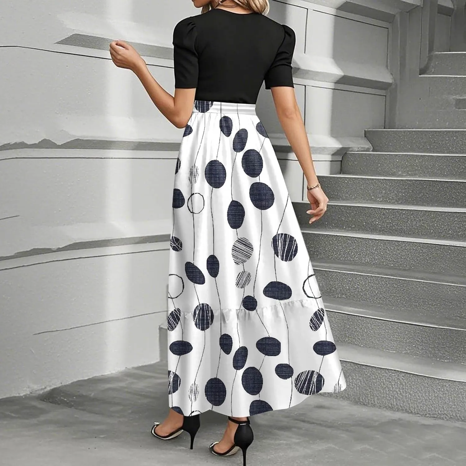 Modest Dresses for Women 2025 Summer Puff Short Sleeve Floral Church Dress Retro Boho Wedding Guest Dress with Belt