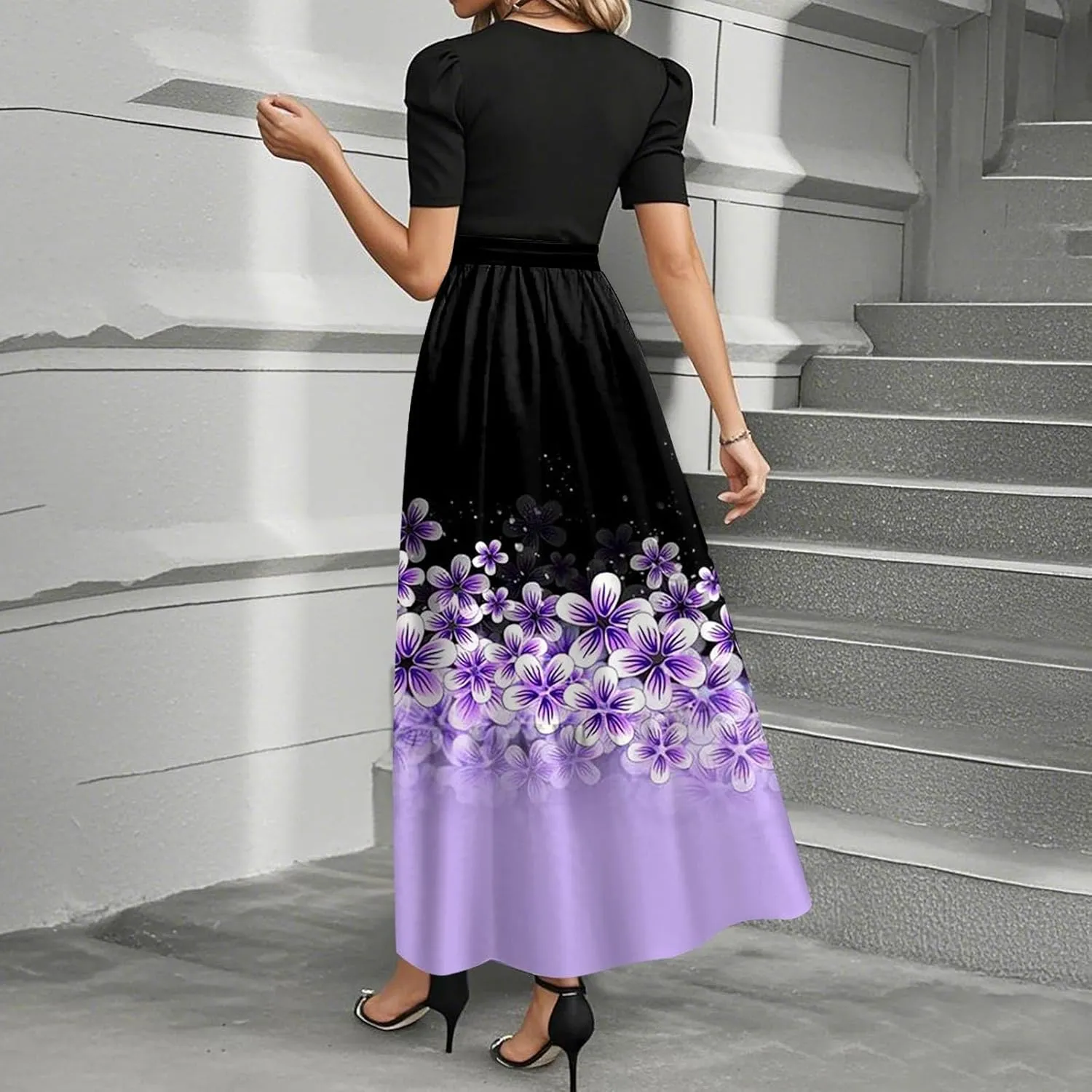 Modest Dresses for Women 2025 Summer Puff Short Sleeve Floral Church Dress Retro Boho Wedding Guest Dress with Belt