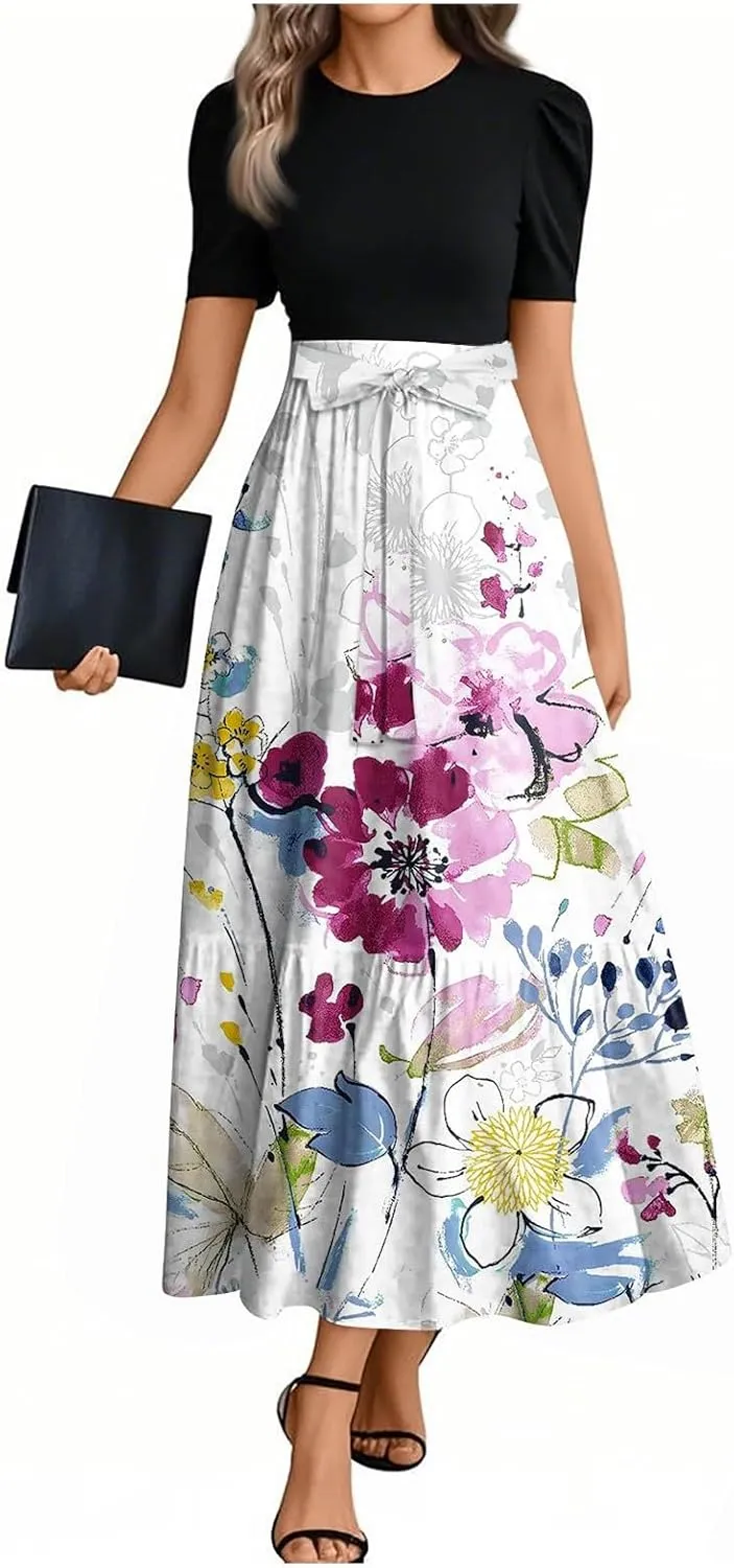 Modest Dresses for Women 2025 Summer Puff Short Sleeve Floral Church Dress Retro Boho Wedding Guest Dress with Belt