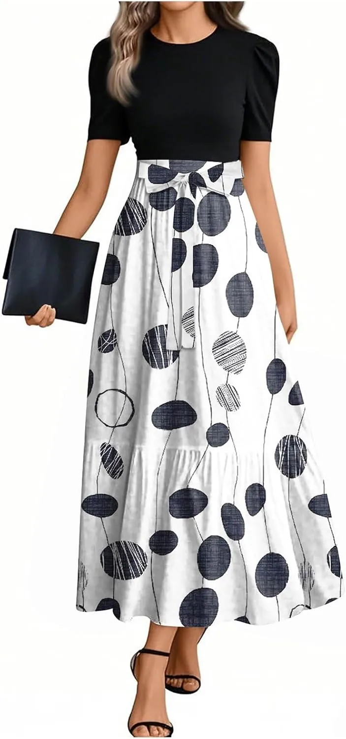 Modest Dresses for Women 2025 Summer Puff Short Sleeve Floral Church Dress Retro Boho Wedding Guest Dress with Belt