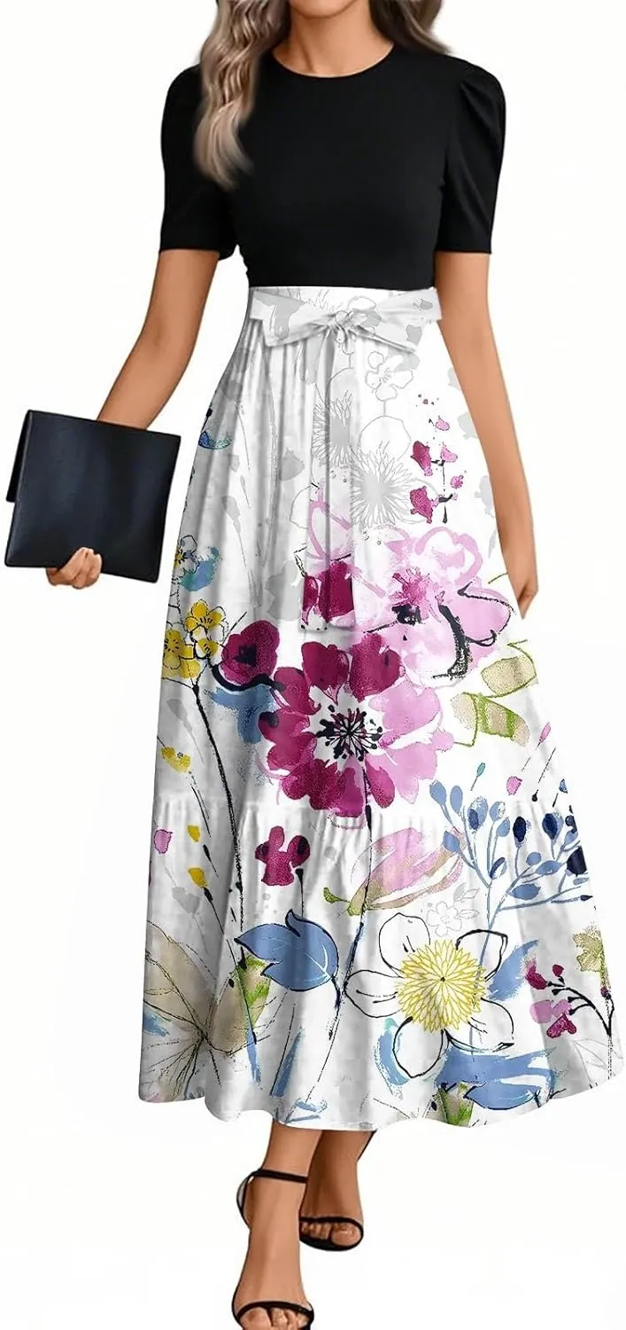 Modest Dresses for Women 2025 Summer Puff Short Sleeve Floral Church Dress Retro Boho Wedding Guest Dress with Belt