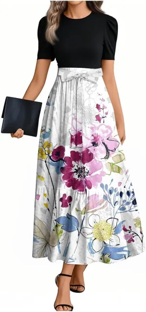 Modest Dresses for Women 2025 Summer Puff Short Sleeve Floral Church Dress Retro Boho Wedding Guest Dress with Belt