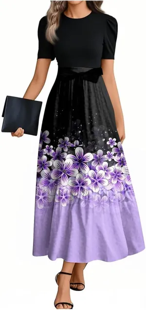 Modest Dresses for Women 2025 Summer Puff Short Sleeve Floral Church Dress Retro Boho Wedding Guest Dress with Belt