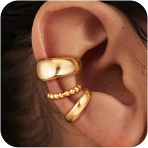 Moodear 3Pcs Chunky/Thin Ear Cuffs Non Piercing for Women - Dainty 14K Gold Plated Cuff Earring Trendy Cubic Zirconia Ear Cuff for Women Cartilage Jewelry Gift