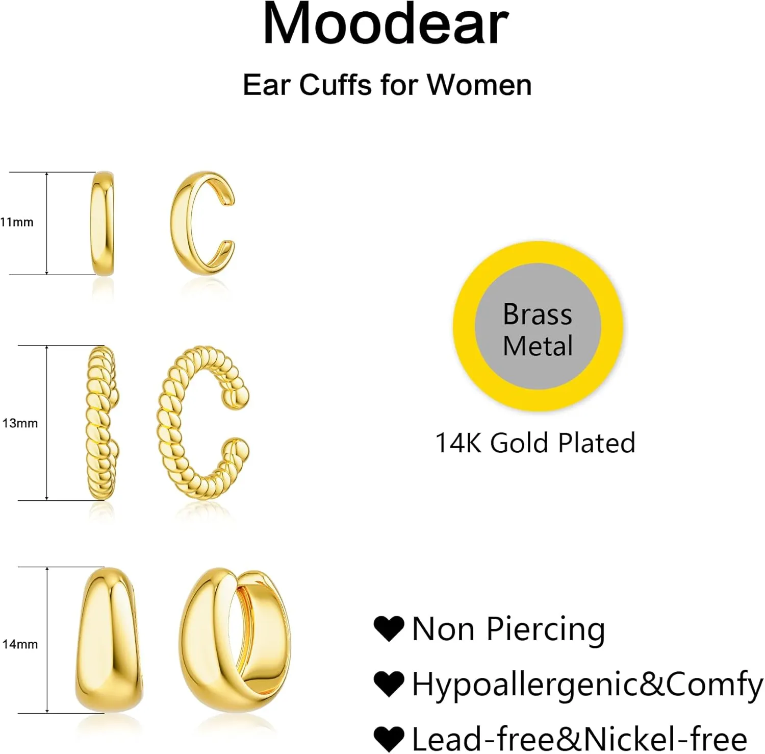 Moodear 3Pcs Chunky/Thin Ear Cuffs Non Piercing for Women - Dainty 14K Gold Plated Cuff Earring Trendy Cubic Zirconia Ear Cuff for Women Cartilage Jewelry Gift