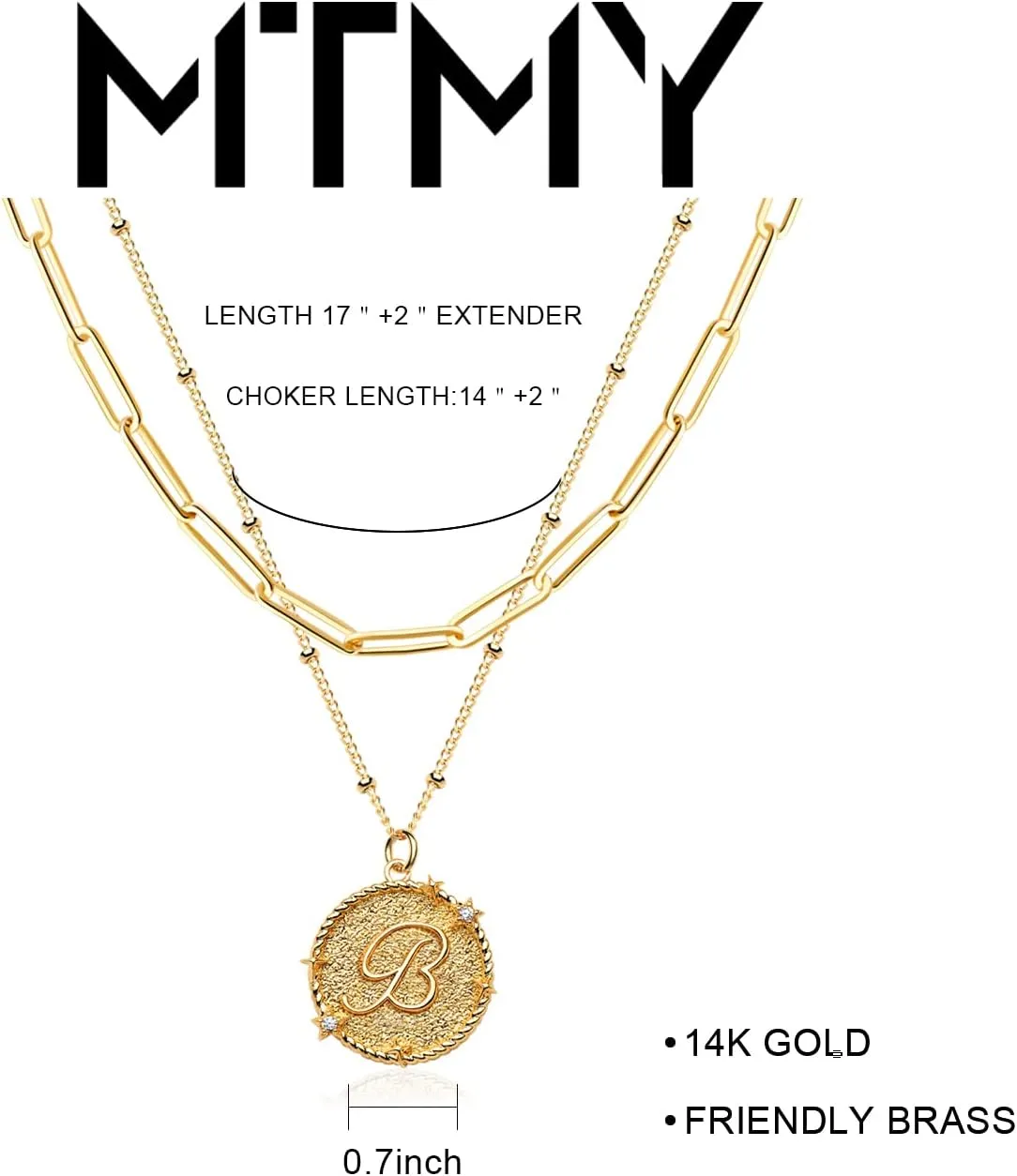MTMY Dainty Layered Initial Necklaces for Women, 14K Gold Plated Adjustable Paperclip Chain Necklace Personalized Engraved Letter Pendant Choker Necklace