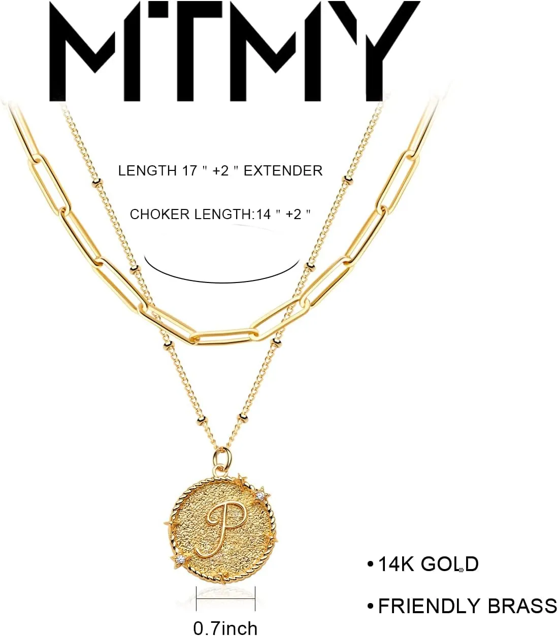 MTMY Dainty Layered Initial Necklaces for Women, 14K Gold Plated Adjustable Paperclip Chain Necklace Personalized Engraved Letter Pendant Choker Necklace
