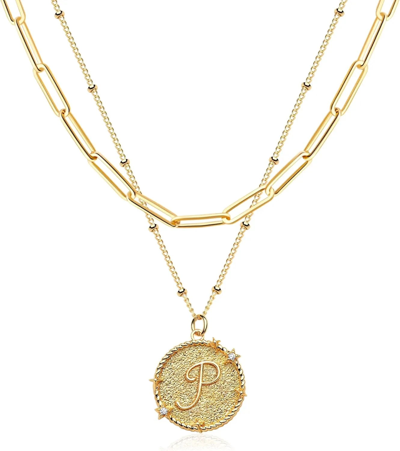 MTMY Dainty Layered Initial Necklaces for Women, 14K Gold Plated Adjustable Paperclip Chain Necklace Personalized Engraved Letter Pendant Choker Necklace