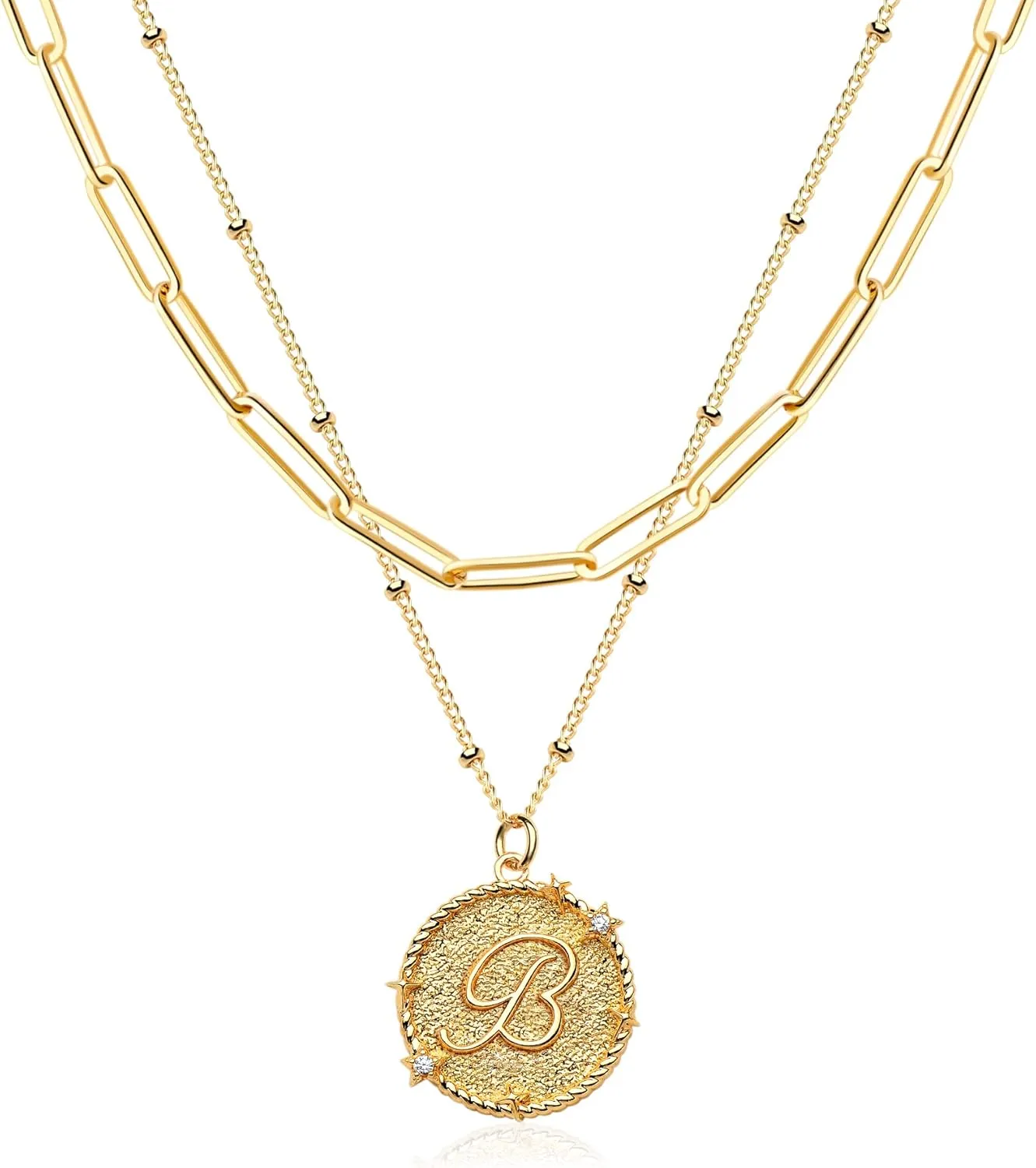MTMY Dainty Layered Initial Necklaces for Women, 14K Gold Plated Adjustable Paperclip Chain Necklace Personalized Engraved Letter Pendant Choker Necklace