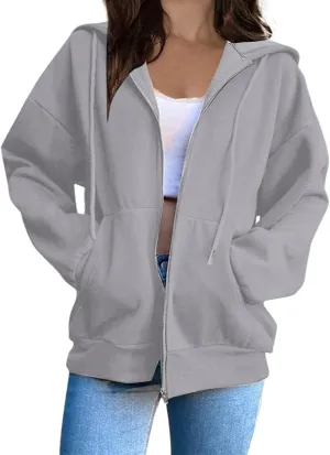 Mzkdieey Womens Zip Up Hoodies Fall Jacket Drawstring Long Sleeve Hooded Sweatshirts Oversized Outerwear Coat with Pockets