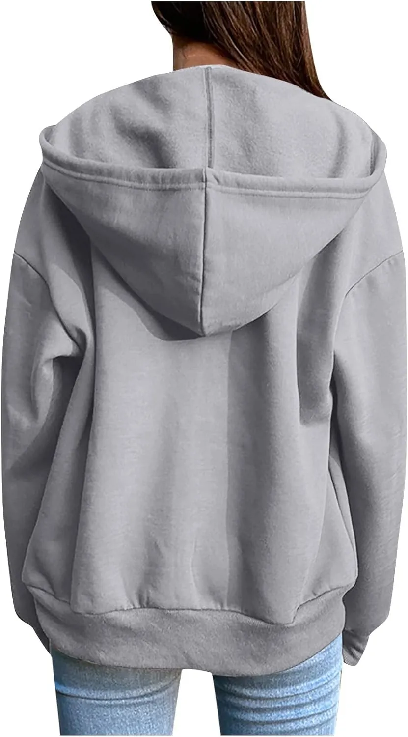 Mzkdieey Womens Zip Up Hoodies Fall Jacket Drawstring Long Sleeve Hooded Sweatshirts Oversized Outerwear Coat with Pockets