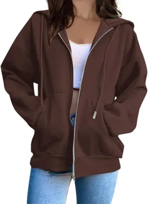 Mzkdieey Womens Zip Up Hoodies Fall Jacket Drawstring Long Sleeve Hooded Sweatshirts Oversized Outerwear Coat with Pockets