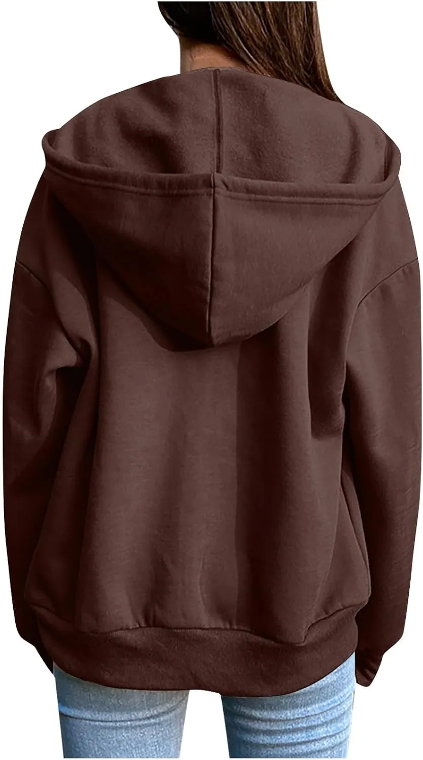 Mzkdieey Womens Zip Up Hoodies Fall Jacket Drawstring Long Sleeve Hooded Sweatshirts Oversized Outerwear Coat with Pockets