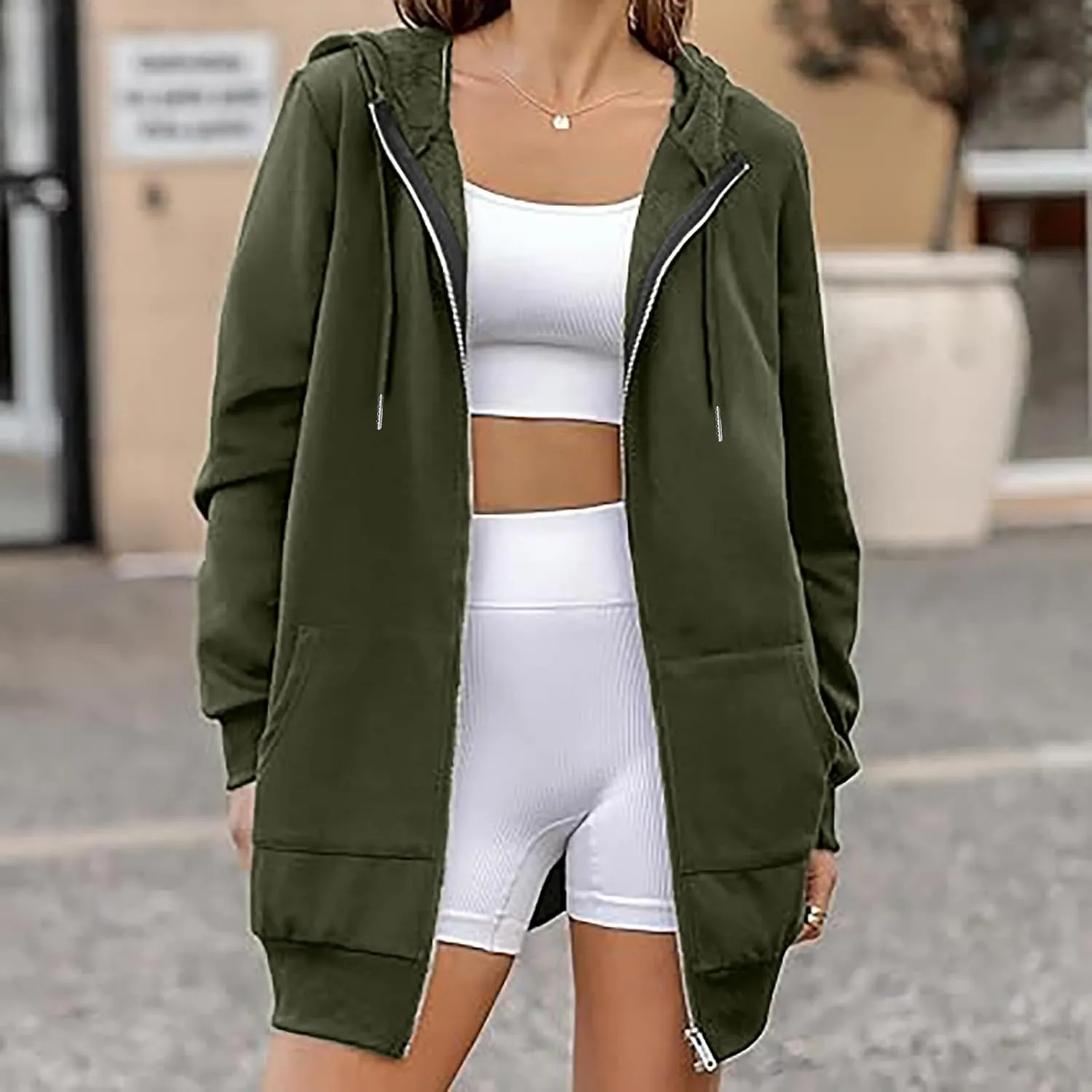Mzkdieey Women's Zip Up Hoodies Oversized Fleece Long Tunic Sweatshirts Drawstring Long Sleeve Jacket Coats with Pockets