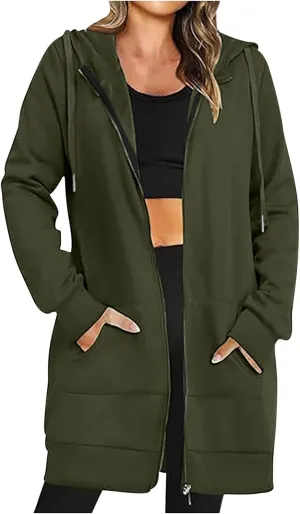 Mzkdieey Women's Zip Up Hoodies Oversized Fleece Long Tunic Sweatshirts Drawstring Long Sleeve Jacket Coats with Pockets