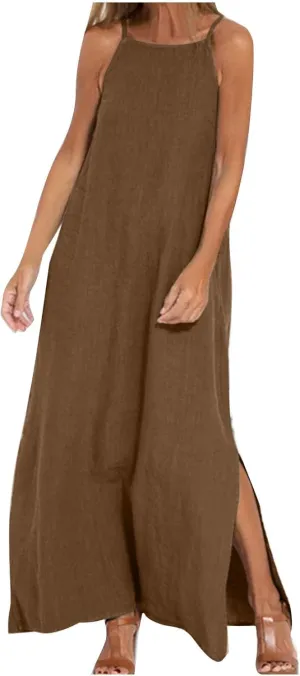 NaRHbrg Women's Sleeveless Maxi Dress Loose Fit Casual Beach Sundress Slit Hem Summer Long Dresses Sundress