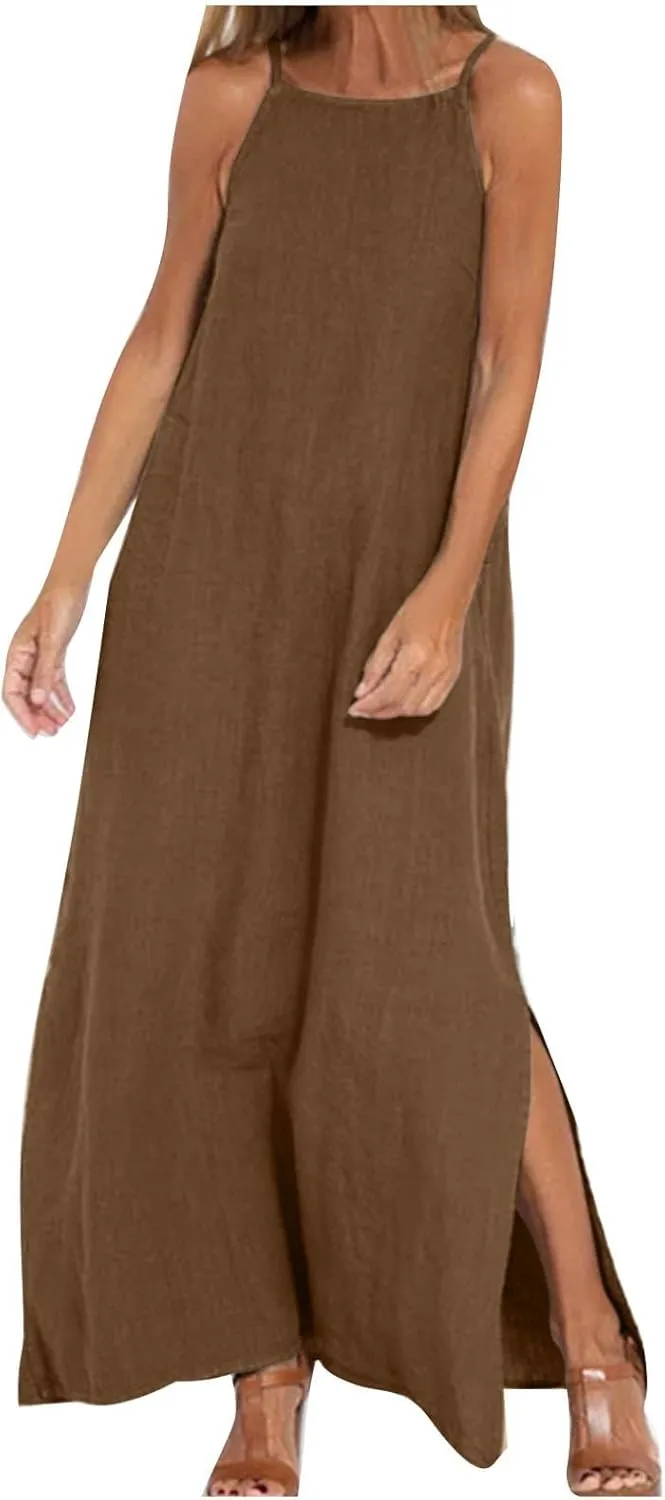 NaRHbrg Women's Sleeveless Maxi Dress Loose Fit Casual Beach Sundress Slit Hem Summer Long Dresses Sundress