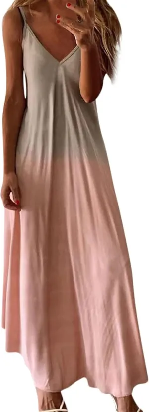 NaRHbrg Women's Sleeveless V Neck Maxi Dress Boho Loose Flowy Sundress Tie Dye Casual Beach Long Dresses Summer Sundress