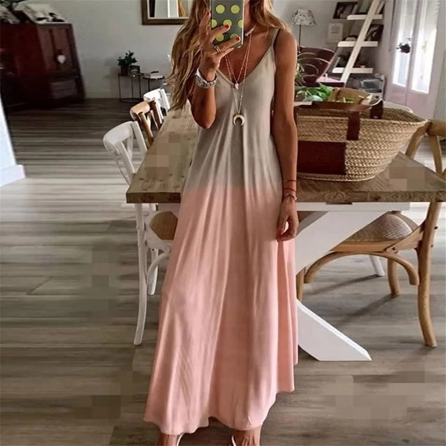 NaRHbrg Women's Sleeveless V Neck Maxi Dress Boho Loose Flowy Sundress Tie Dye Casual Beach Long Dresses Summer Sundress