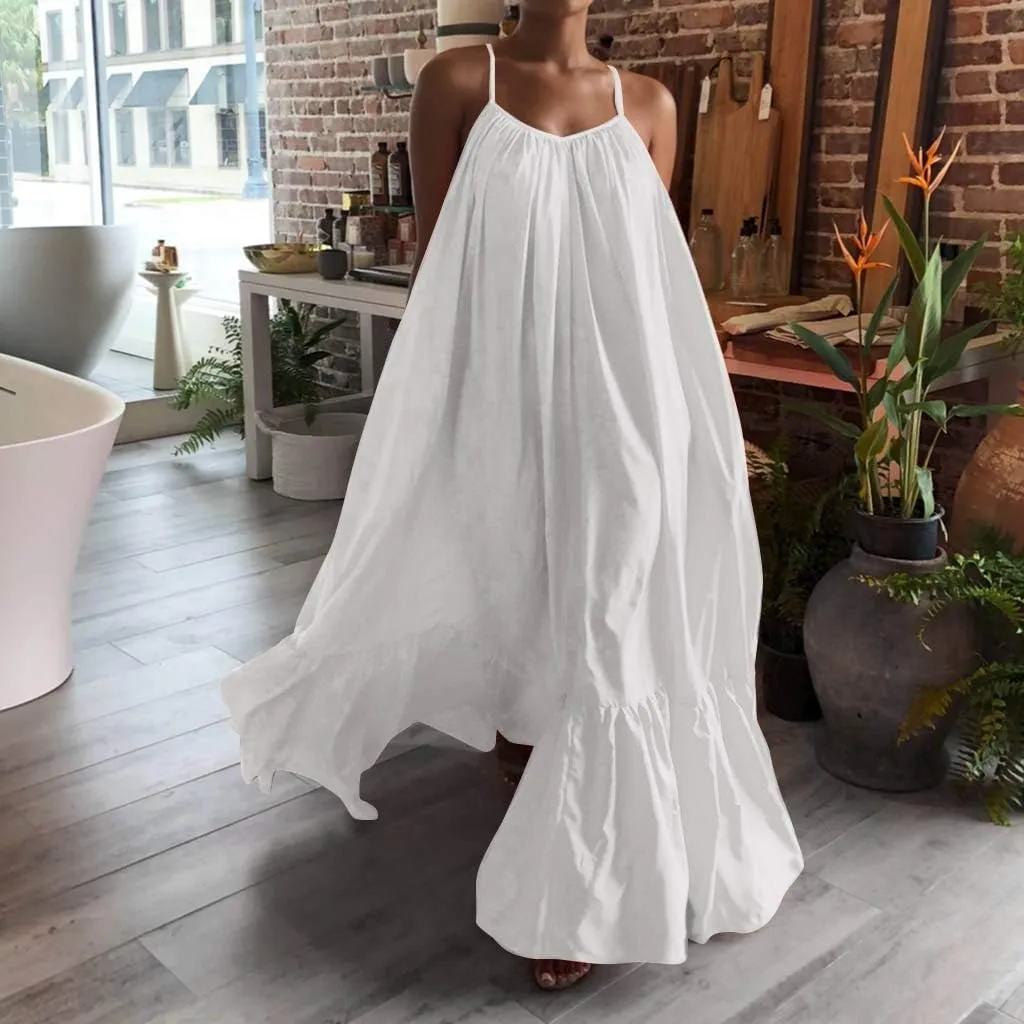 NaRHbrg Women's Spaghetti Strap Ruffle Hem Maxi Dress Loose Fit Casual Sundress Flowy Summer Beach Dresses
