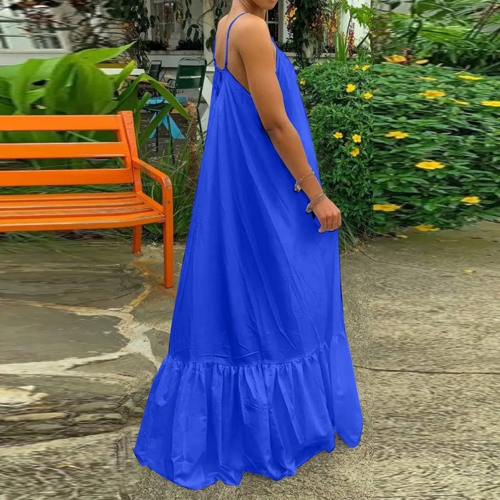 NaRHbrg Women's Spaghetti Strap Ruffle Hem Maxi Dress Loose Fit Casual Sundress Flowy Summer Beach Dresses