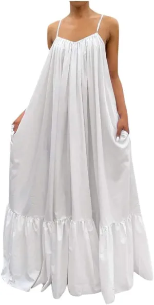 NaRHbrg Women's Spaghetti Strap Ruffle Hem Maxi Dress Loose Fit Casual Sundress Flowy Summer Beach Dresses