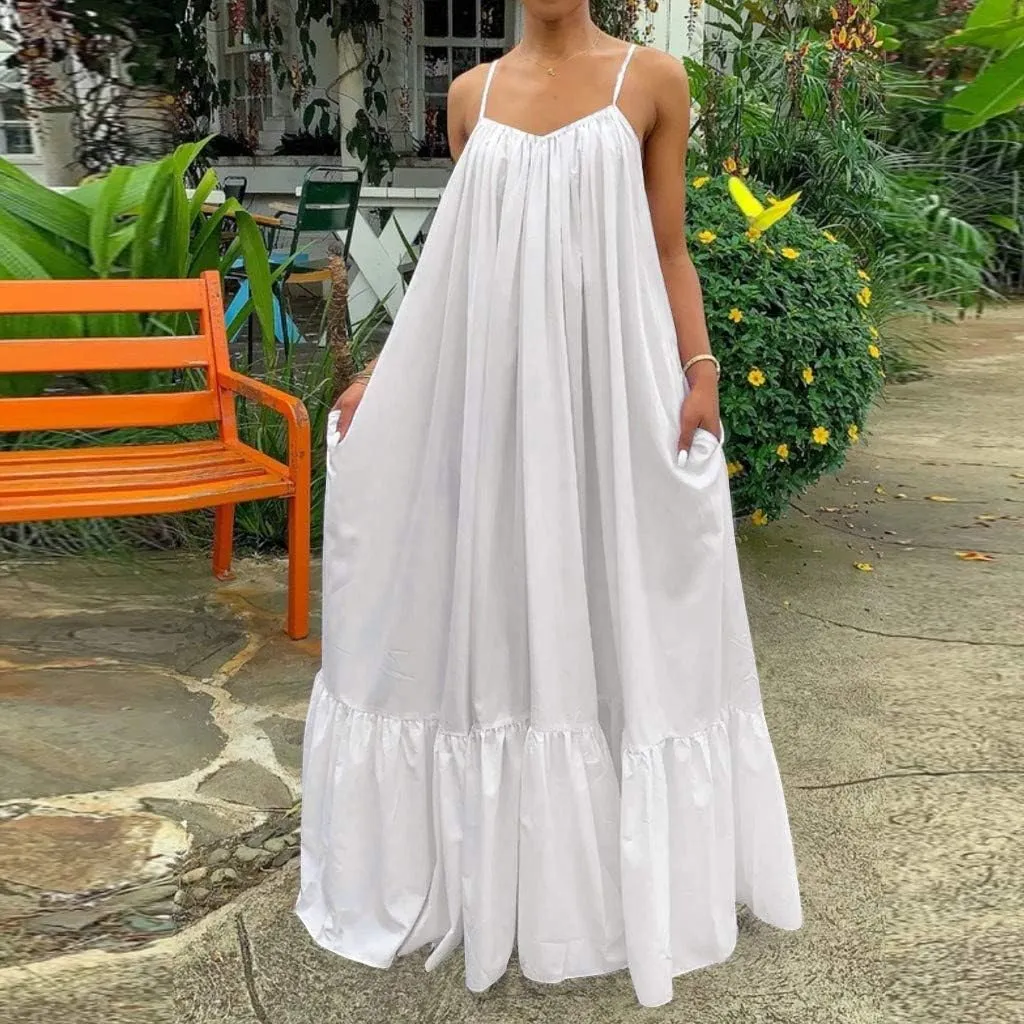 NaRHbrg Women's Spaghetti Strap Ruffle Hem Maxi Dress Loose Fit Casual Sundress Flowy Summer Beach Dresses