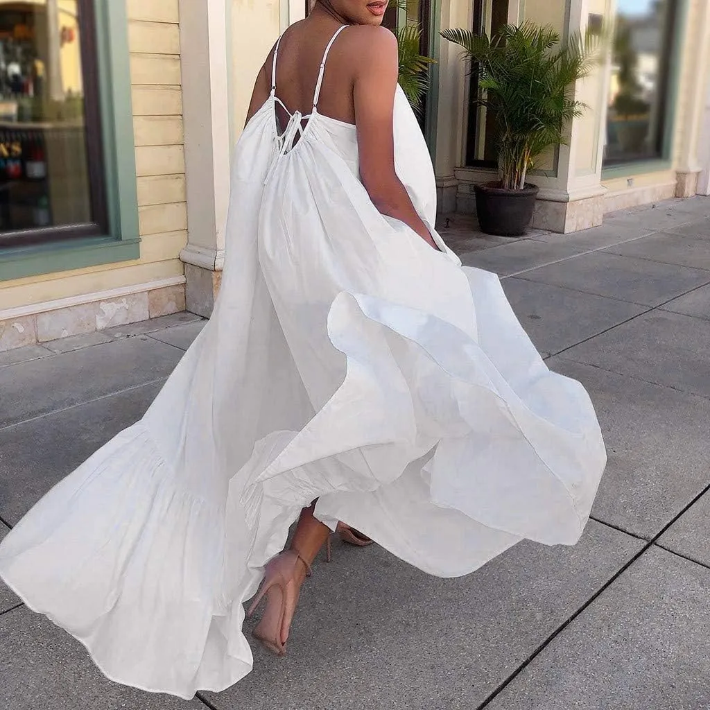 NaRHbrg Women's Spaghetti Strap Ruffle Hem Maxi Dress Loose Fit Casual Sundress Flowy Summer Beach Dresses