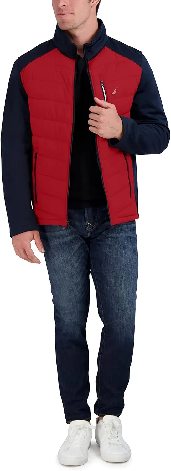 Nautica Men's Mixed Media Softshell Jacket Long Sleeve Quilted Coat