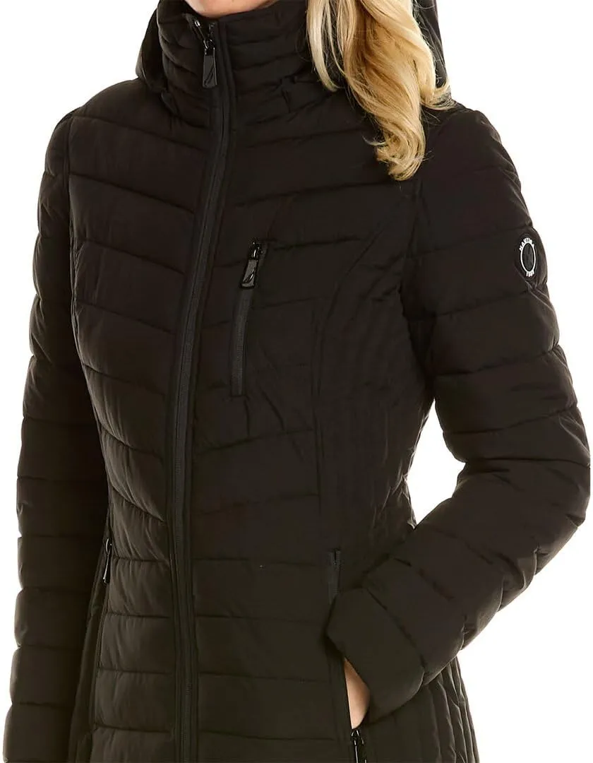 Nautica Women's 3/4 Midweight Stretch Puffer Jacket with Hood