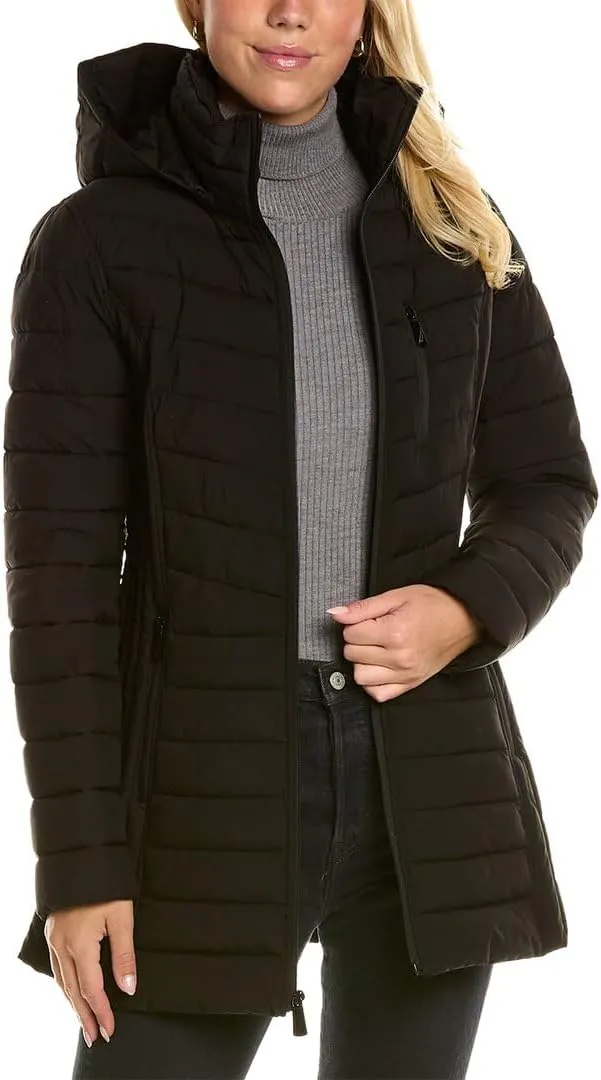Nautica Women's 3/4 Midweight Stretch Puffer Jacket with Hood