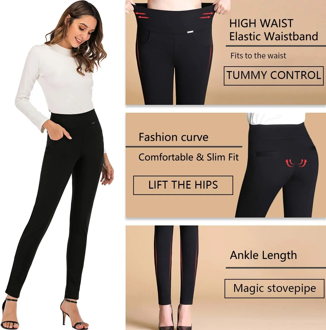 neezeelee Dress Pants for Women Comfort Stretch Slim Fit Leg Skinny High Waist Pull on Pants with Pockets for Work