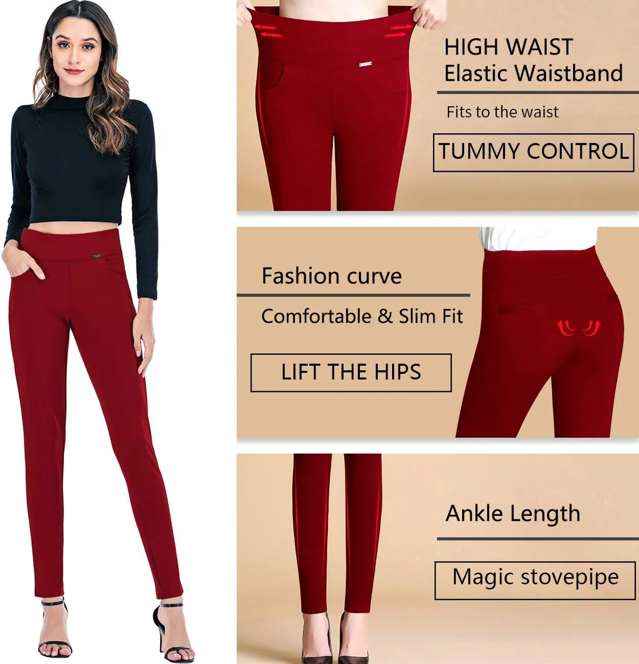 neezeelee Dress Pants for Women Comfort Stretch Slim Fit Leg Skinny High Waist Pull on Pants with Pockets for Work