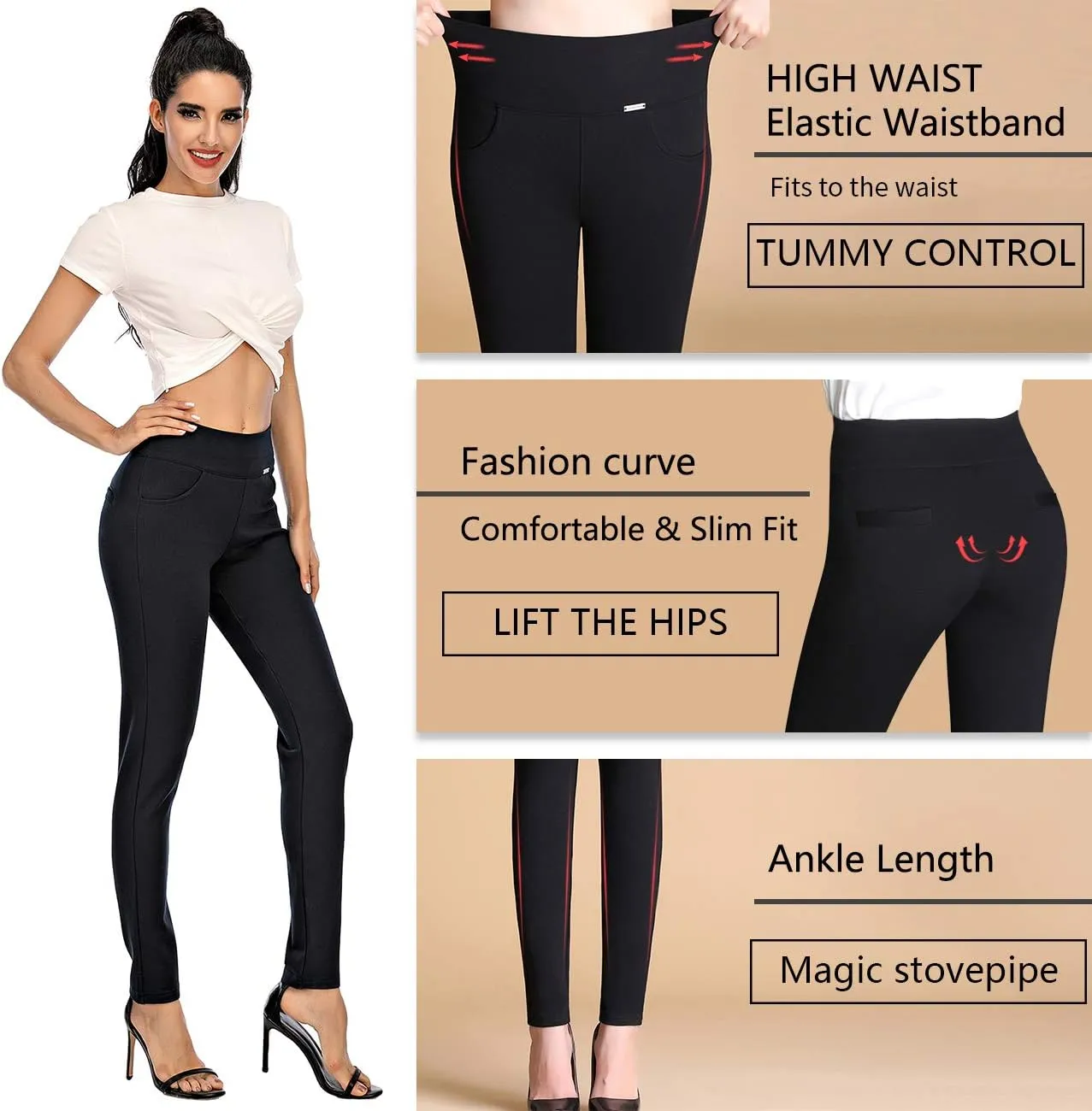 neezeelee Dress Pants for Women Comfort Stretch Slim Fit Leg Skinny High Waist Pull on Pants with Pockets for Work