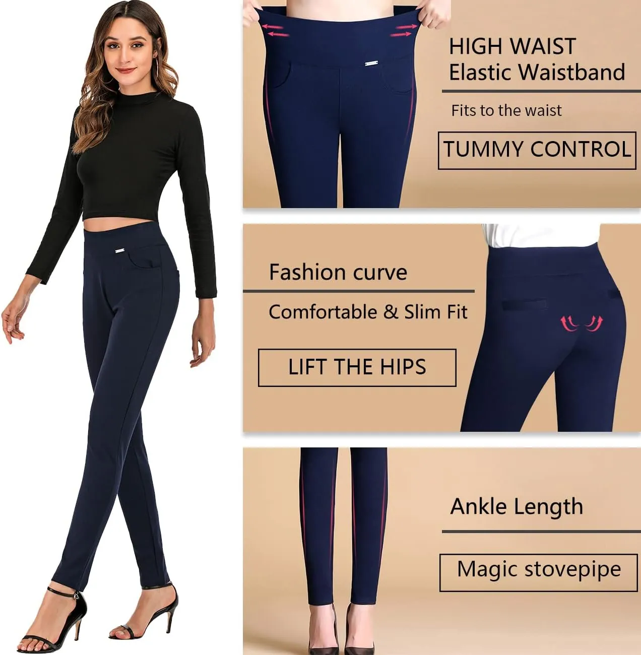 neezeelee Dress Pants for Women Comfort Stretch Slim Fit Leg Skinny High Waist Pull on Pants with Pockets for Work