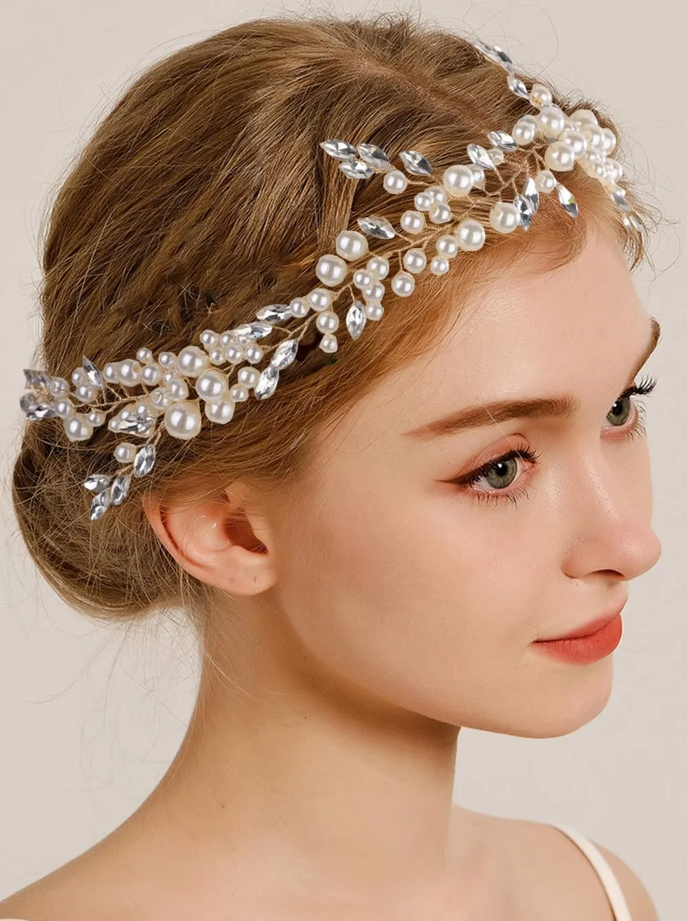 Octwine Rhinestones Crystal Bridal Hair Vine Headpiece Wedding Headband for Brides Pearl Hair Vine Rhinestone Hair Accessories for Women