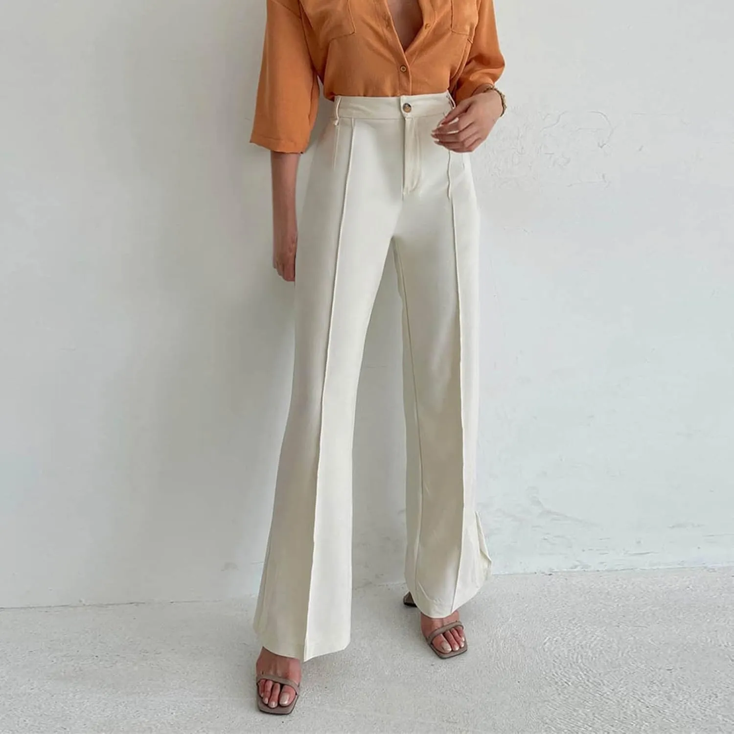 Office Flare Pants for Women Classic Formal Solid Ribbed Wide Leg High Waist Trousers Fashion Curvy Work Dressy Bootcut Pants