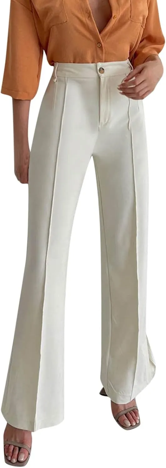 Office Flare Pants for Women Classic Formal Solid Ribbed Wide Leg High Waist Trousers Fashion Curvy Work Dressy Bootcut Pants