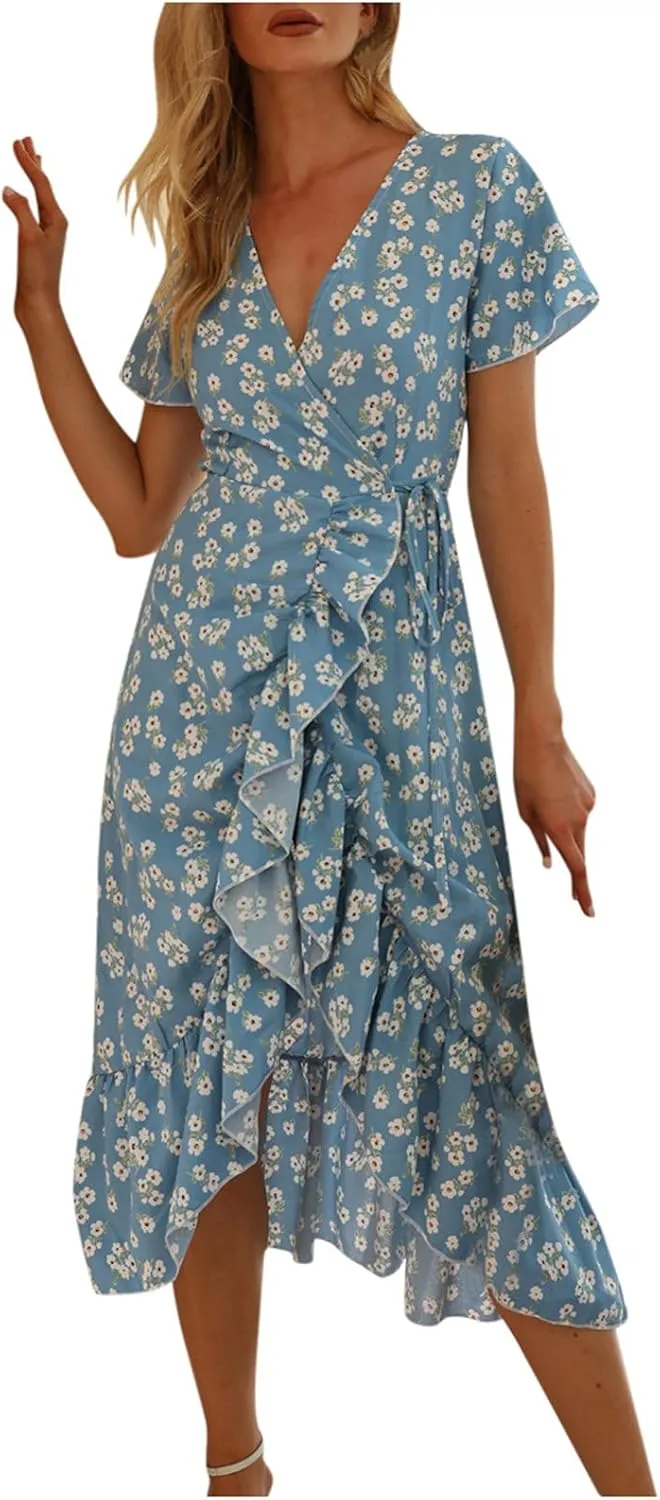 Ollysqiar Dresses Women's 2023 Floral Summer Dress Wrap V Neck Short Sleeve Belted Ruffle Hem A-Line Bohemian Dresses A02 16