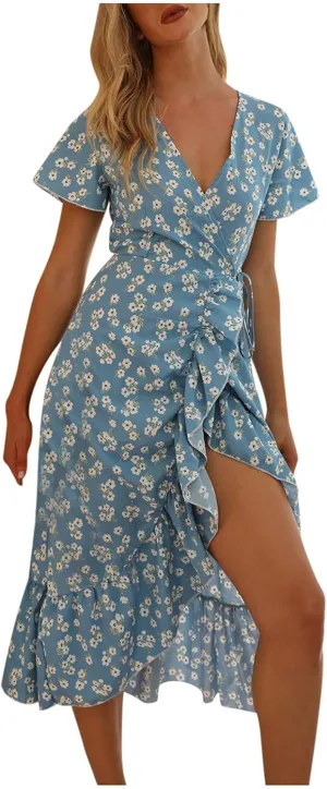 Ollysqiar Dresses Women's 2023 Floral Summer Dress Wrap V Neck Short Sleeve Belted Ruffle Hem A-Line Bohemian Dresses A02 16