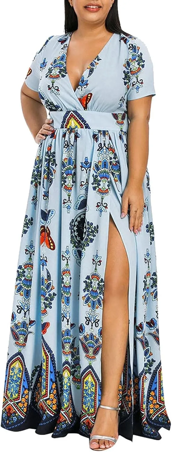 Ollysqiar Dresses Women's 2023 Floral Summer Dress Wrap V Neck Short Sleeve Belted Ruffle Hem A-Line Bohemian Dresses A02 21