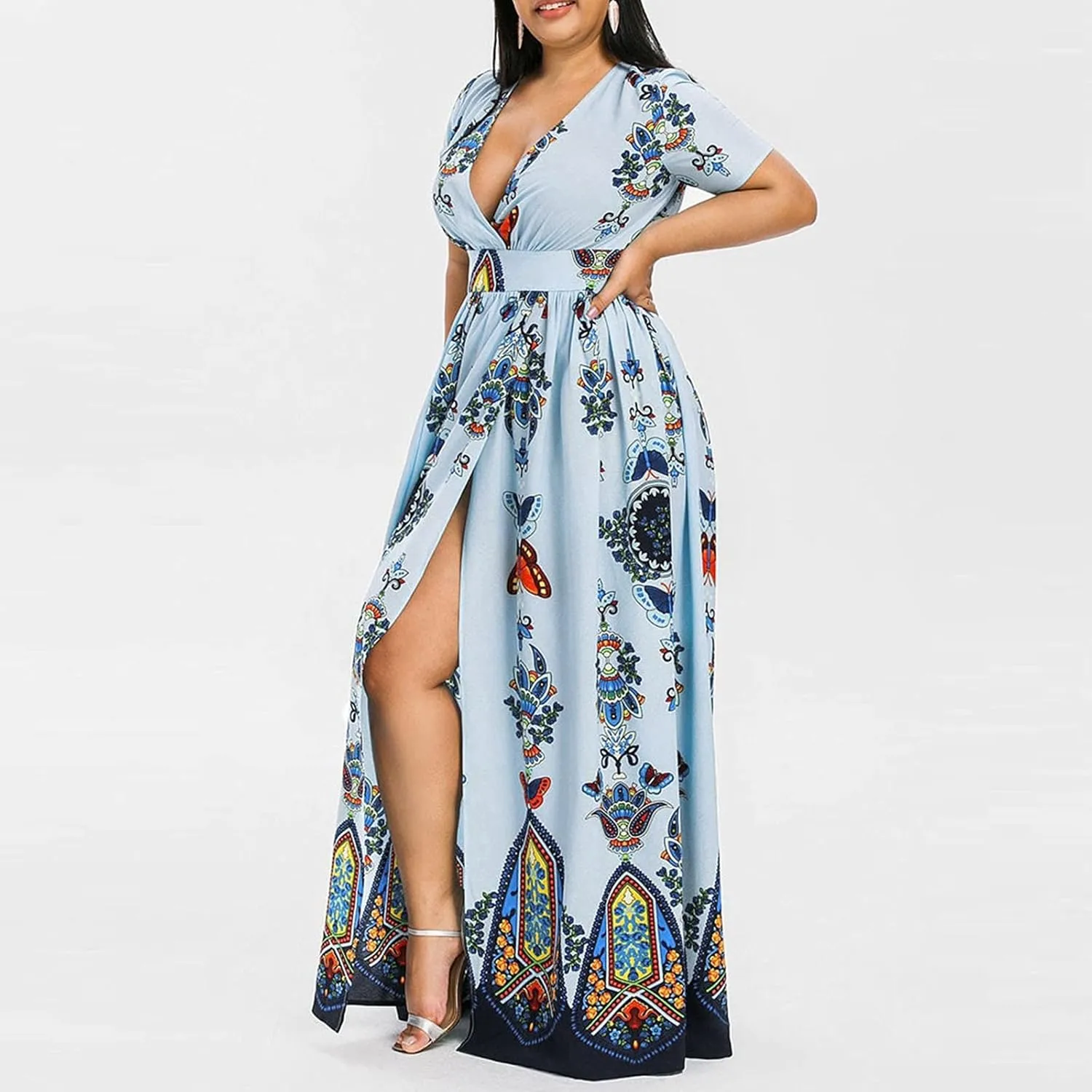 Ollysqiar Dresses Women's 2023 Floral Summer Dress Wrap V Neck Short Sleeve Belted Ruffle Hem A-Line Bohemian Dresses A02 21