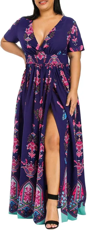 Ollysqiar Dresses Women's 2023 Floral Summer Dress Wrap V Neck Short Sleeve Belted Ruffle Hem A-Line Bohemian Dresses A02 21