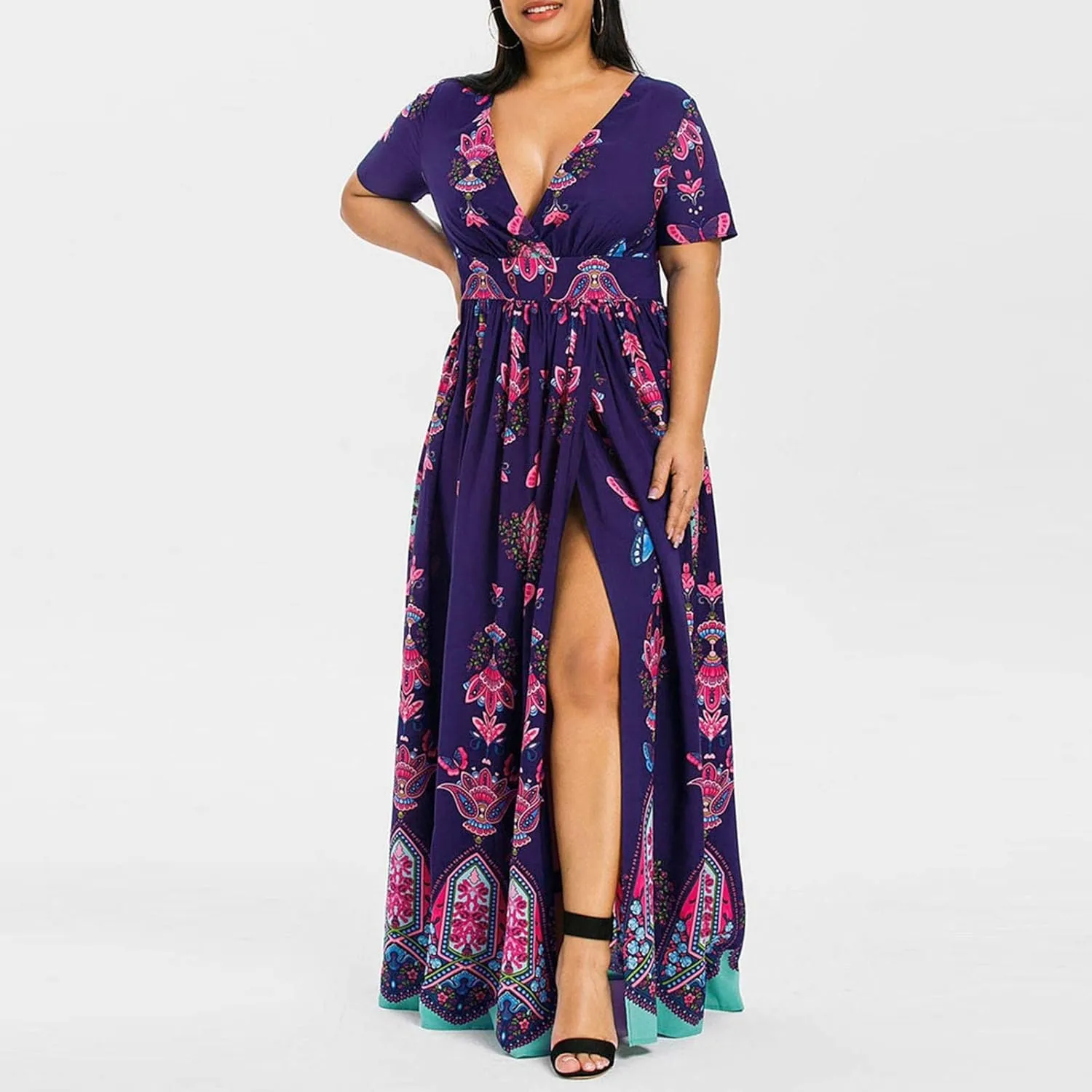 Ollysqiar Dresses Women's 2023 Floral Summer Dress Wrap V Neck Short Sleeve Belted Ruffle Hem A-Line Bohemian Dresses A02 21