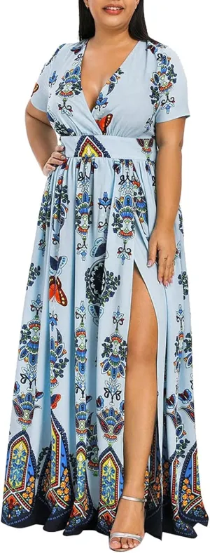 Ollysqiar Dresses Women's 2023 Floral Summer Dress Wrap V Neck Short Sleeve Belted Ruffle Hem A-Line Bohemian Dresses A02 21