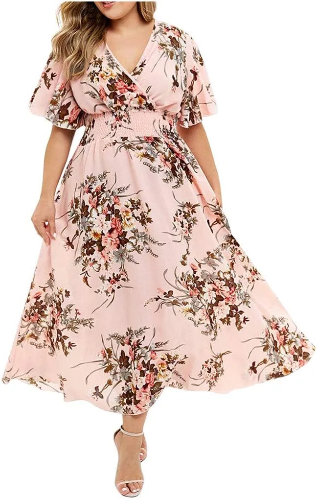Ollysqiar Dresses Women's 2023 Floral Summer Dress Wrap V Neck Short Sleeve Belted Ruffle Hem A-Line Bohemian Dresses A02 2